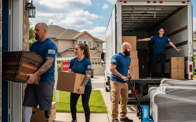 Professional movers carefully handling furniture