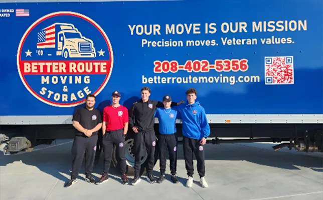 Better Route Moving crew in uniform in front of the company truck