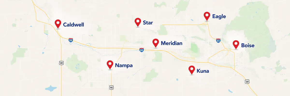 Map of the Treasure Valley showing Caldwell, Nampa, Star, Meridian, Kuna, Eagle and Boise